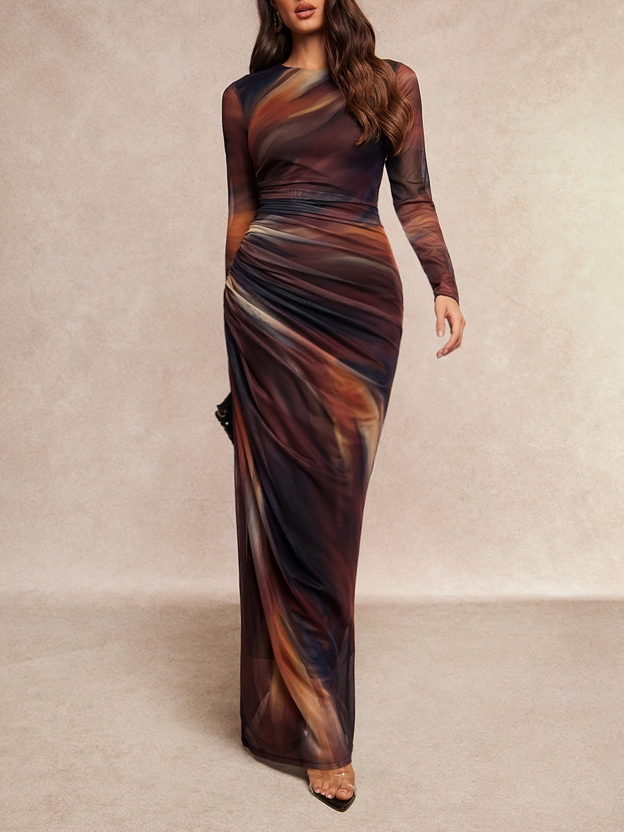 Elegant Special Women'S Mesh Gradient Ombre Printed Round Neck Long Sleeve Ruched Waist Long Dress, Spring Autumn Elegant Dress Suitable for Evening Parties, Dates, Birthday Gatherings, Red Carpet Styling, Mature Atmosphere Long Skirt [ZLLZ] - Light Brown-1