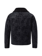 Men'S Slant Zipper Faux Suede Motorcycle Jacket, Lambskin Lining Large Lapel, Zip-Up Pockets Casual Riding Coat - Ebony