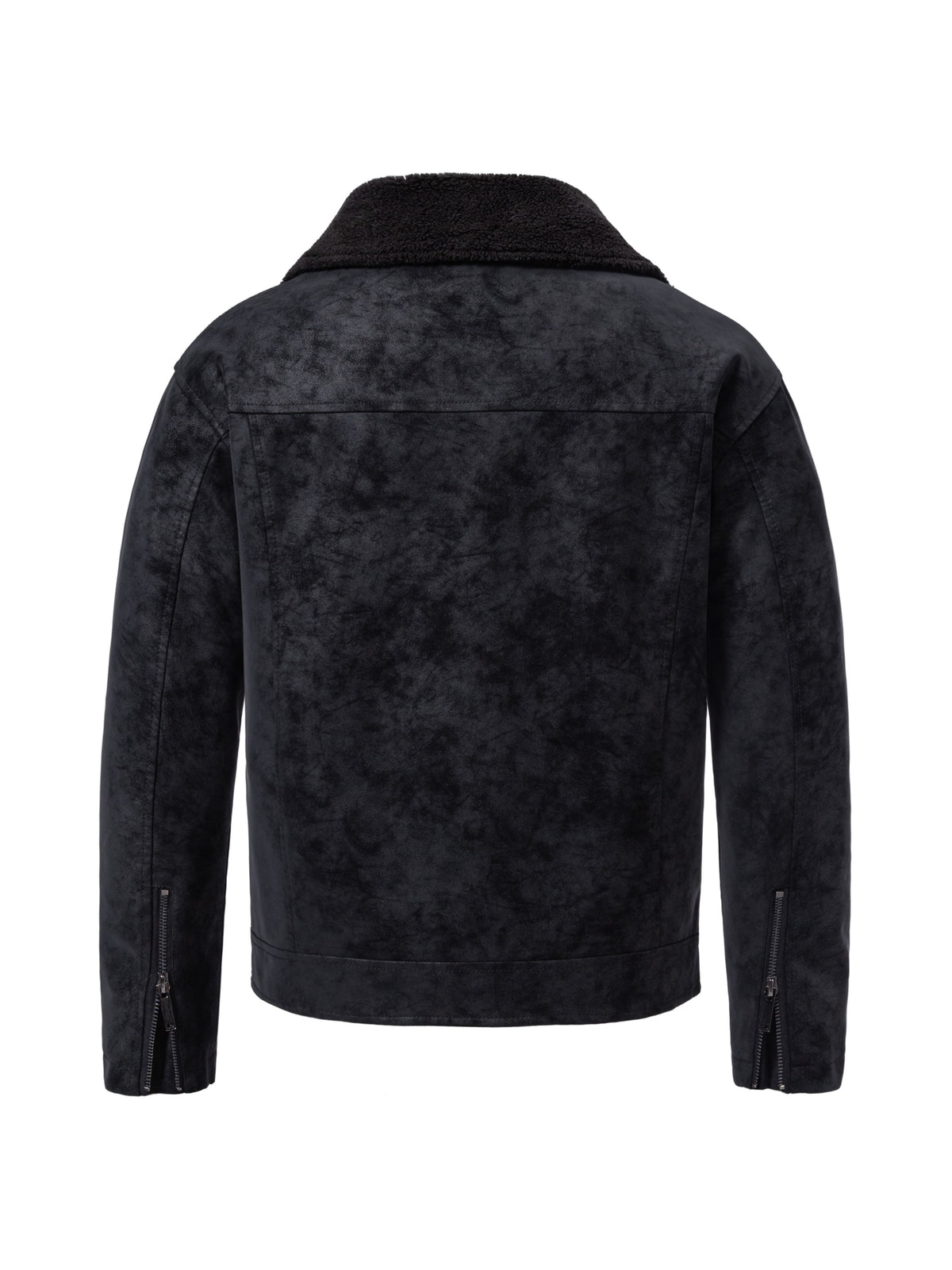 Men'S Slant Zipper Faux Suede Motorcycle Jacket, Lambskin Lining Large Lapel, Zip-Up Pockets Casual Riding Coat - Ebony