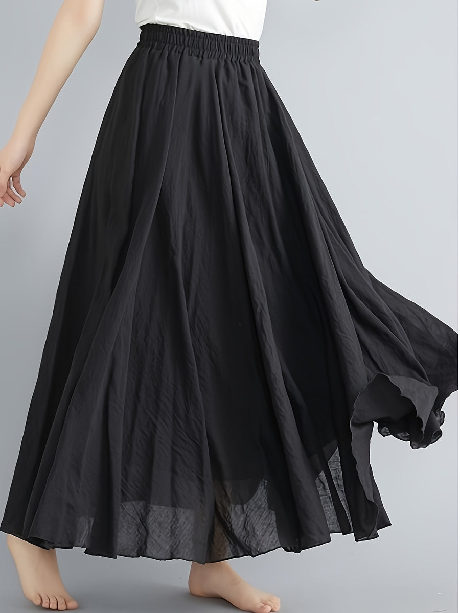 Solid Color Ethnic Style Literary Double-Layer Non-See-Through Midi Skirt for Women, Spring Summer Autumn Zen Style Long Dress with Wide Hem, High Waist Flowy - Black