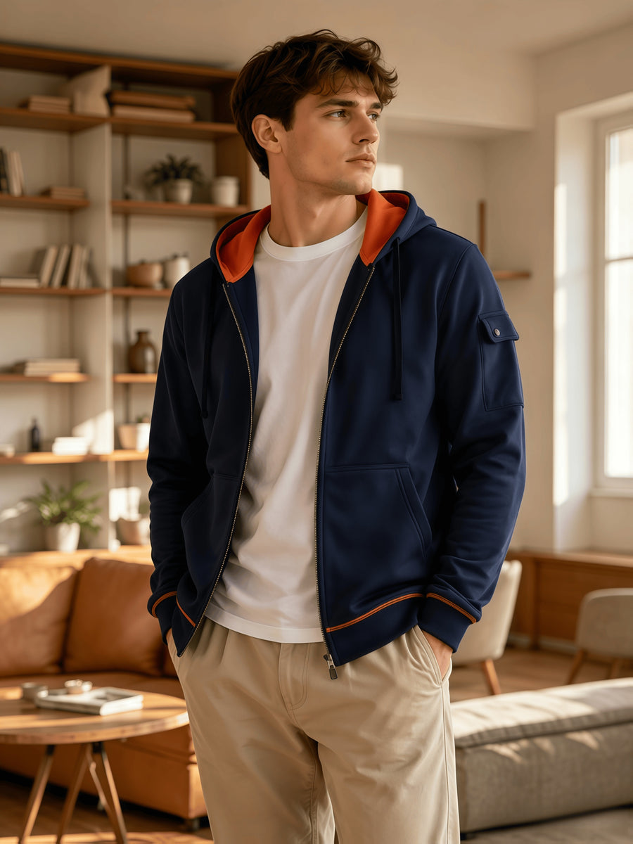 Men's Full Zip Hoodie, Contrast Color Hooded Sweatshirt with Cargo Pockets, Casual, Comfortable, Versatile Fall Winter Jacket - Navy Color