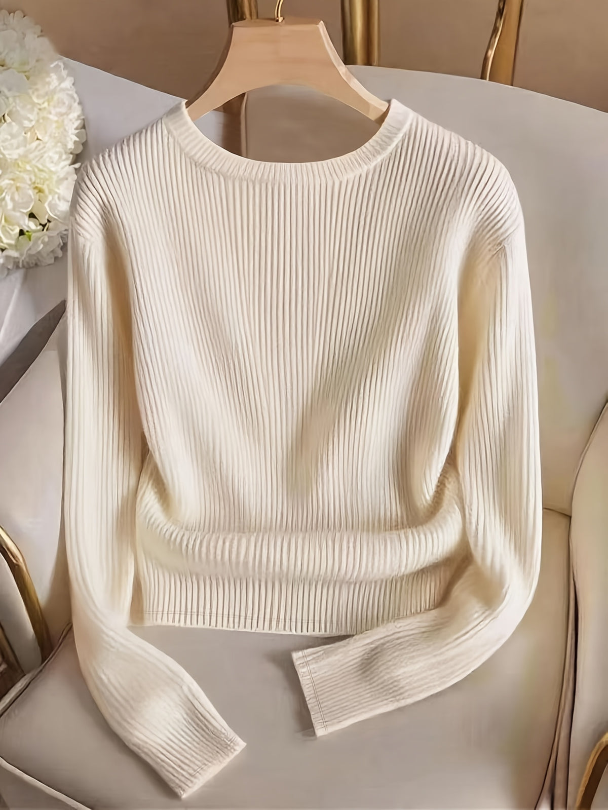 Women'S Fashion Slim Fit Crew Neck Fake Button Long Sleeve T-Shirt - Apricot