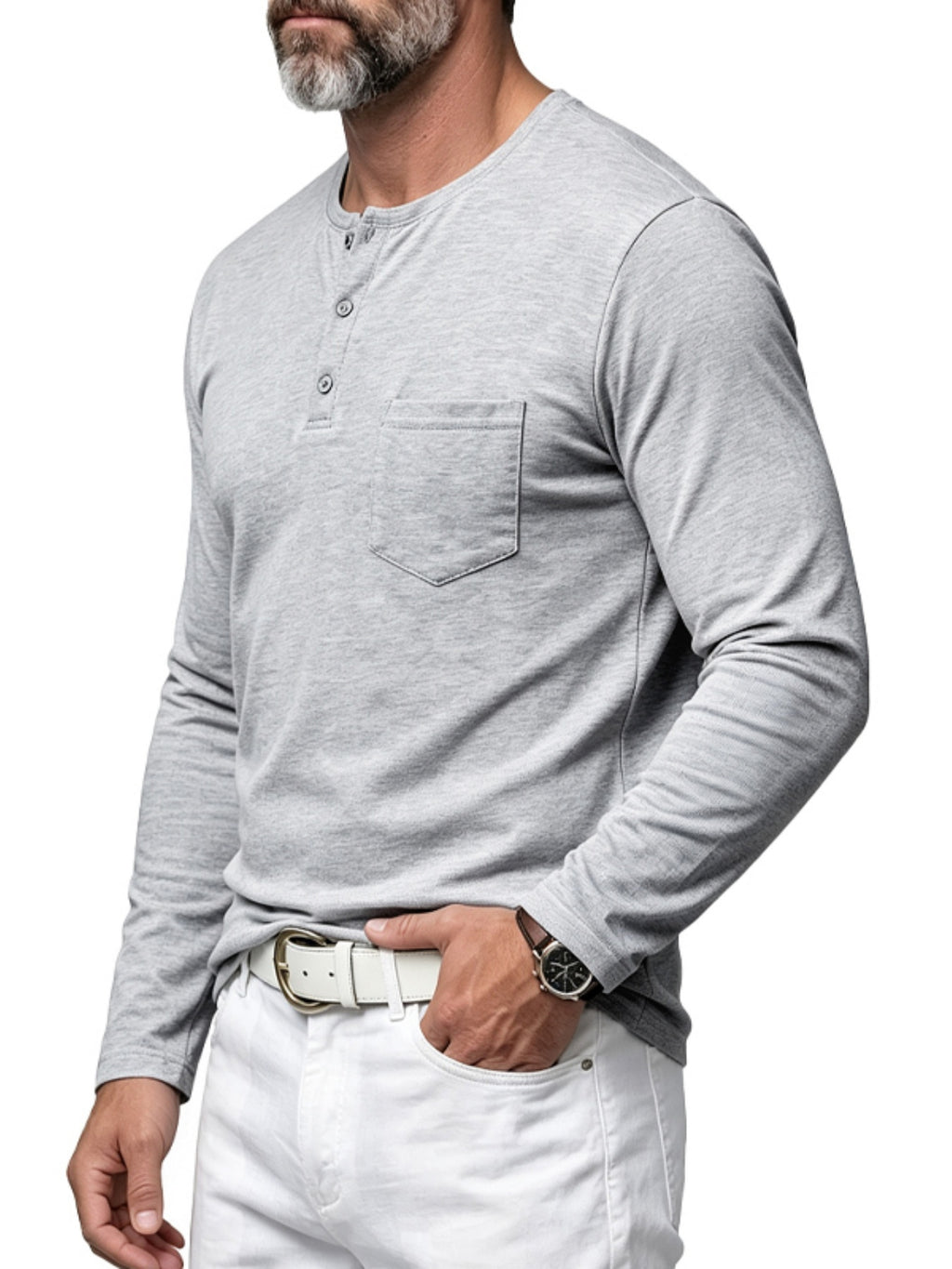 Vintage Men'S Henley Long Sleeve T-Shirt, Loose Stretch Lightweight Top with Pocket, Casual Daily Commute Shirts for All Seasons - Light Grey