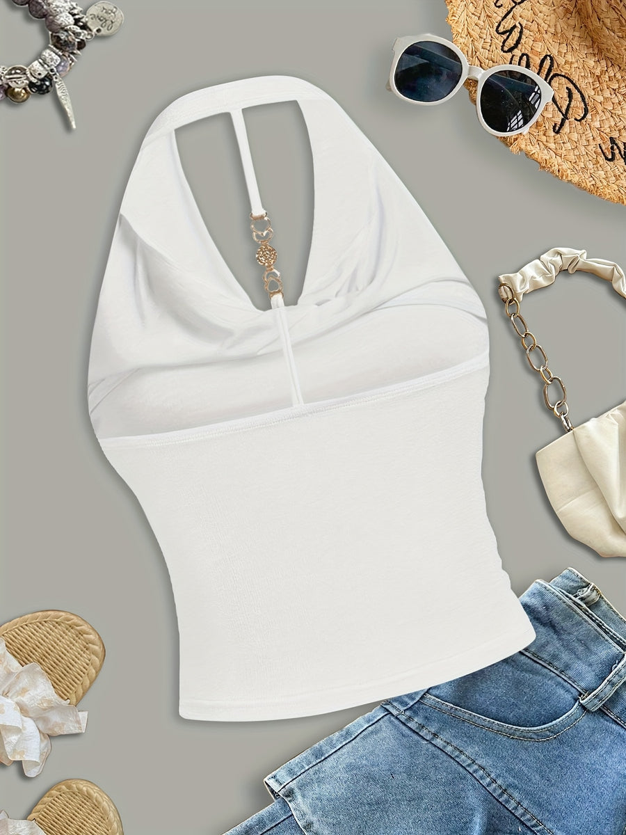 White Halter Neck Strapless Tank Top, Women's Solid Color Sexy Sleeveless Outerwear Top - White