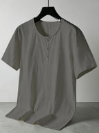 Men'S Summer -Linen Half-Zip Short Sleeve T-Shirt - Dark Gray