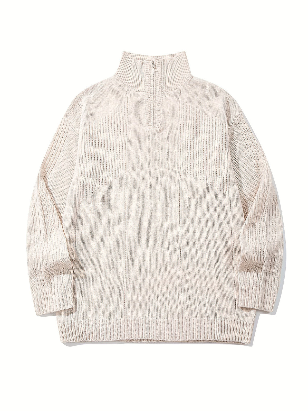 Spring Autumn New Men'S Korean Style Solid Color Loose Niche Commuter Style Textured Unisex Pullover Knit Long Sleeve Half Open Cardigan Half Open Placket Zipper Lapel Sweater Top - Apricot