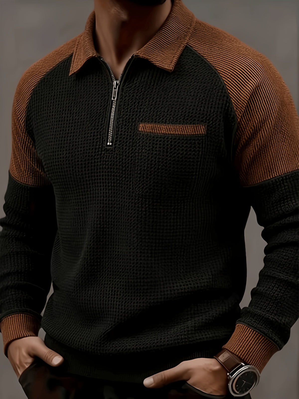 [Star Prosperity OBM] 5pcs Men'S Autumn Winter Light Luxury New Breathable Comfortable Textured Ribbed Polo Shirt with Stand Collar And Half-Zip Design, Men'S Suit Collar Patchwork Zipper Design Shirt Jacket, Shoulder Ribbed Design Sweatshirt - Mixed colors
