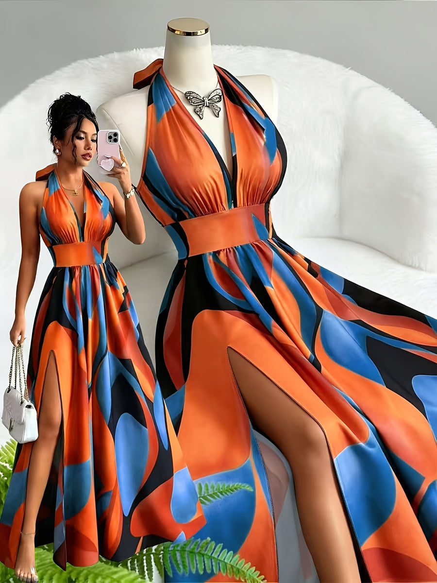 New French-Style Casual Elegant Sexy High-End Design V-Neck Backless Spaghetti Strap Waist-Revealing A-Line Slit Sleeveless Long Dress, Red and Green Floral Print, High-Quality Exquisite Women's Clothing - Blue