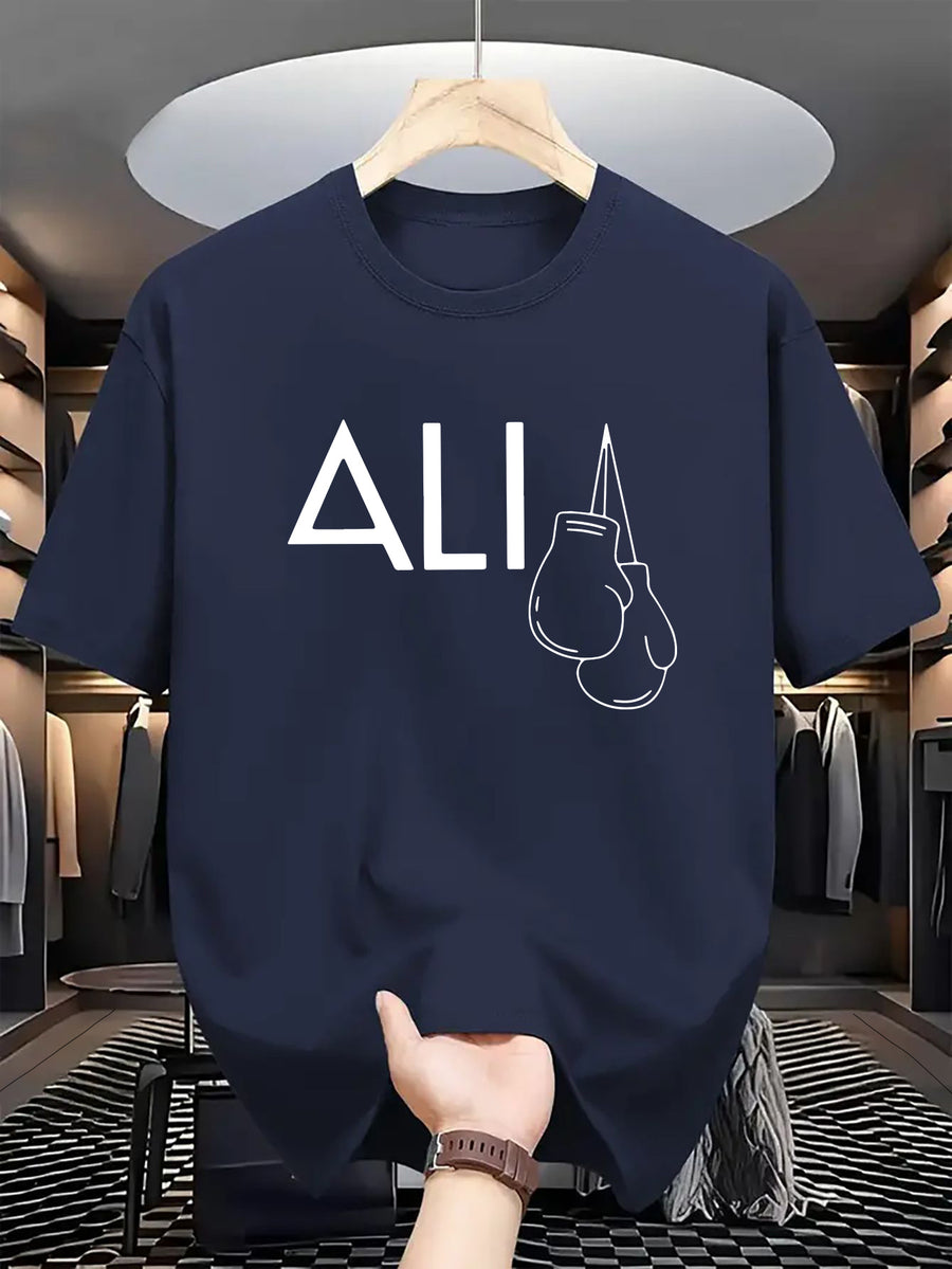 Men's Casual and Fashionable Letter Printed T-shirt, Round Neck Comfortable Polyester Fabric, Suitable for Daily Wear as Fashionable Streetwear, Men's Clothing - Navy Color