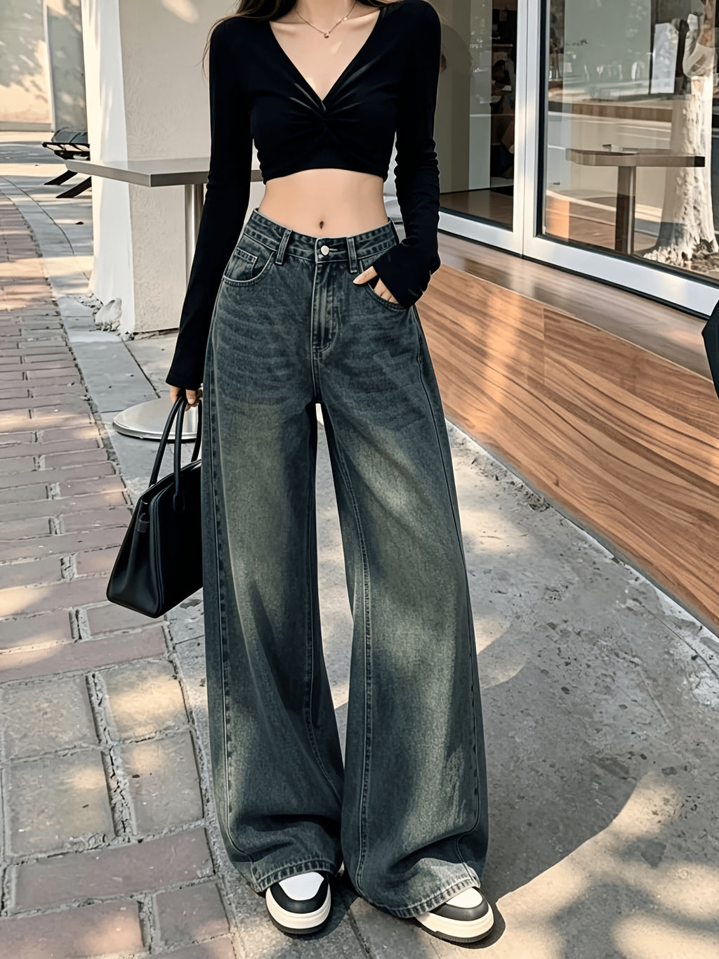 Women's High-Waist Wide-Leg Jeans, Nostalgic Vintage Dark Blue Washed Patchwork Denim Trousers, Loose-Fitting Slightly Cropped Sickle Hem Draped Multi-Pocket Floor-Length Pants - Vintage Color
