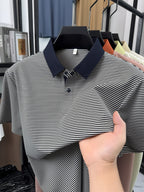 Men's Short-Sleeve Lapel Polo Shirt - Breathable Summer Business Casual T-Shirt with Striped Collar, Half-Sleeve Suitable for Office, & Semi-Formal Wear - Tongsen Store 1 (Regular Fit) - Navy Color