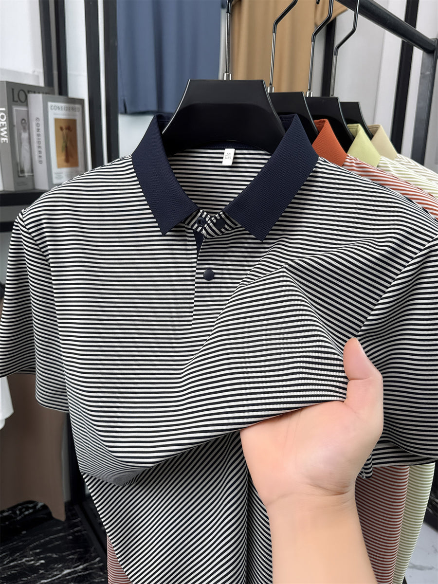 Men's Short-Sleeve Lapel Polo Shirt - Breathable Summer Business Casual T-Shirt with Striped Collar, Half-Sleeve Suitable for Office, & Semi-Formal Wear - Tongsen Store 1 (Regular Fit) - Navy Color
