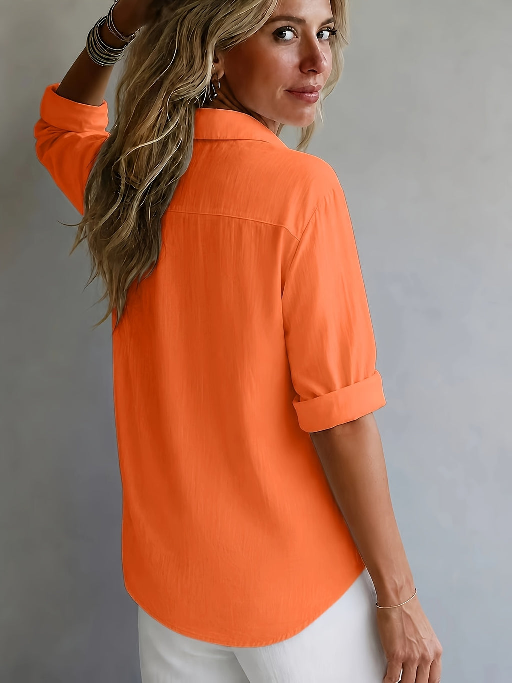 Multi-Color Available Taxi Direction New Stunning Elegant Style Solid Color POIO Collar Long Sleeve Spring Autumn All-Season Versatile Shirt - Orange-Red