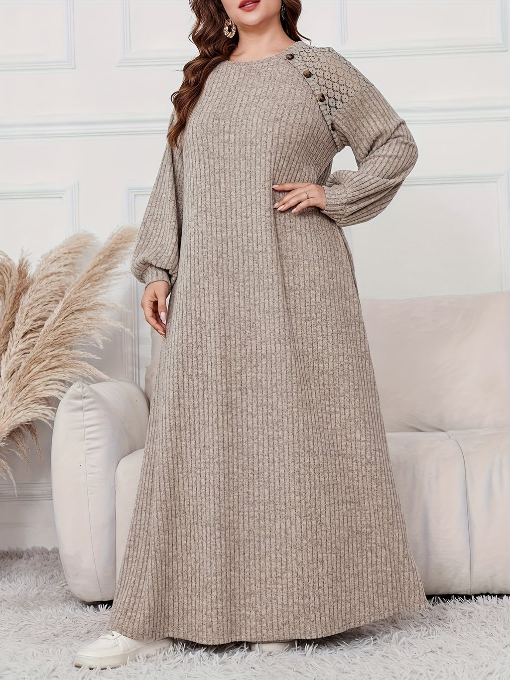 Plus Size, Women's Plus Size Elegant Maxi Dress - Long Sleeve Round Neck H-Line Dress with Wide Hems, All-Season -Length Gown for Weddings, Parties & Casual Attire, Machine Washable (Middle East Collection) - In Stock - Khaki
