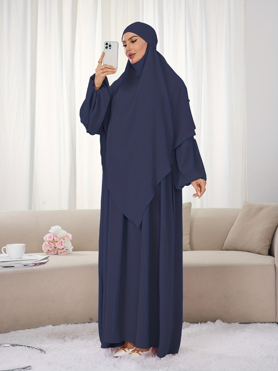 A Set (+Abaya) Fashionable And Elegant Muslim Dress, Elegant Cuff Drawstring, Comfortable And Casual Solid Color, Suitable for Outdoor Travel And Daily Wear. Loose Women'S Abaya Dress - Navy Color