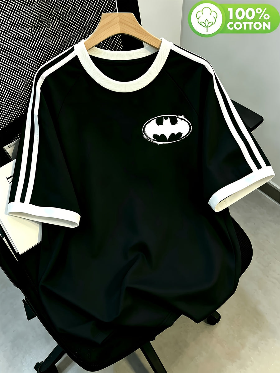 WB. Licensed Batman Logo T-Shirt for Men & Women - 100% Cotton Suitable for Daily Wear & Outdoor Sports, Casual Round Neck Tee with Iconic Batman Print, Machine Washable, Unisex Suitable for, Brand Visibility Design - Black