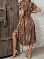 Women'S Elegant Polka Dot Bust-Crossing Short Sleeve Side-Slit Dress - Dark Brown