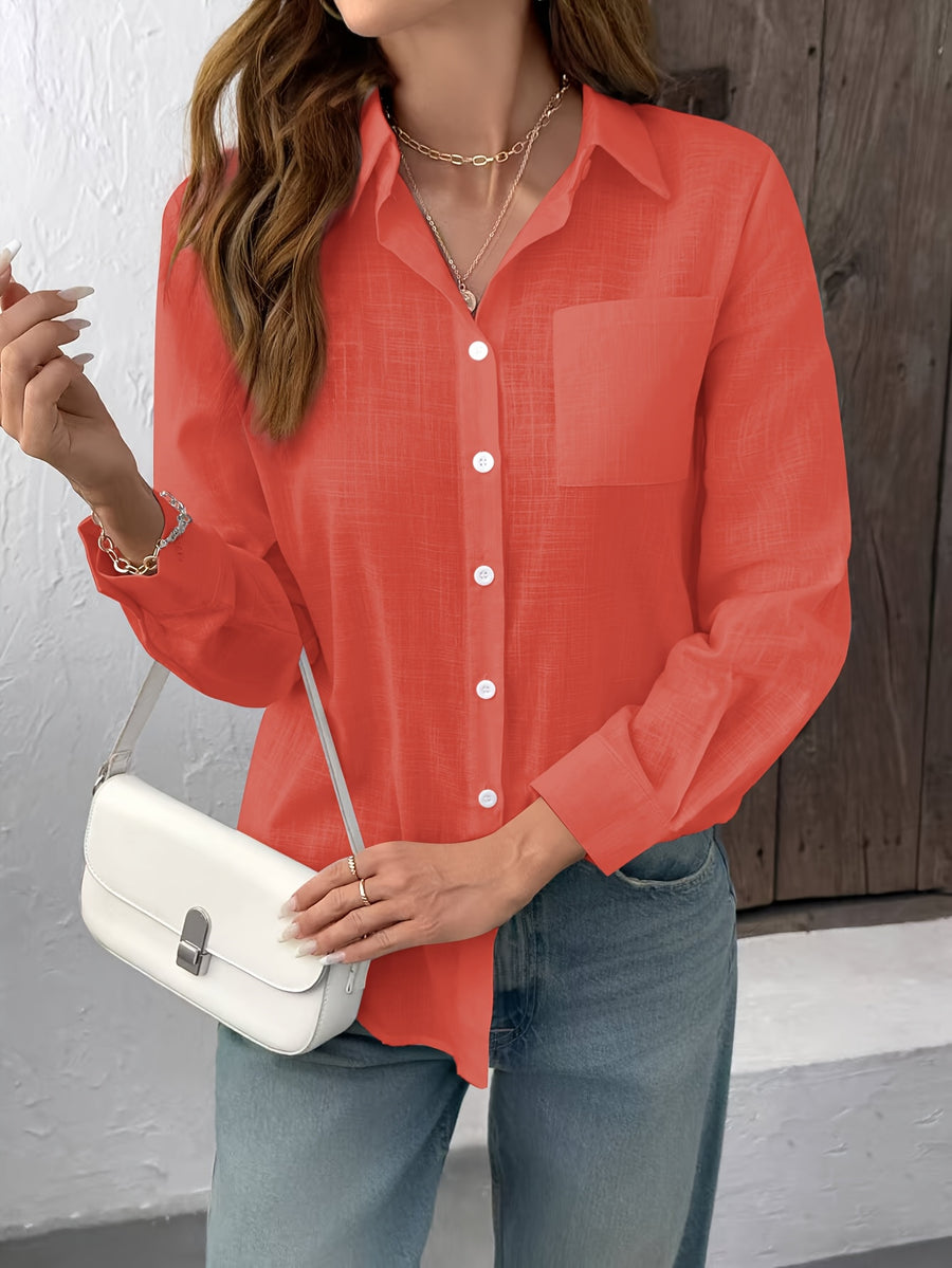 Slub Style Shirt Casual Women Long Sleeves - Brick Red