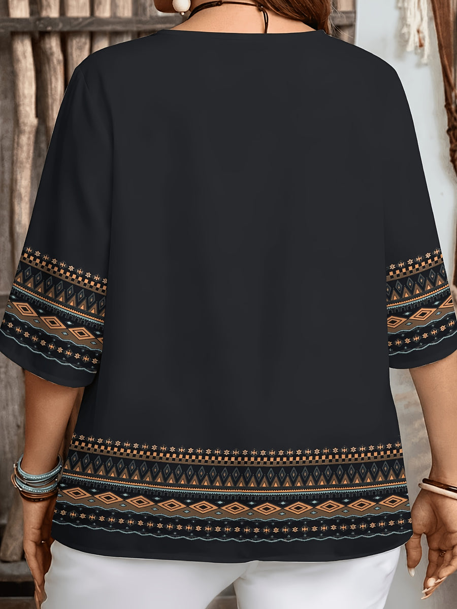 Women's Ethnic Style Printed Three-Quarter Sleeve Top with V-Neck, Wooden Buttons, Loose Fit, Belly-Covering Black Chiffon Blouse. Vintage Geometric Totem Print. Suitable for Daily Commuting, Outings, Vacations, and Versatile Layering or Wearing - Mixed colors