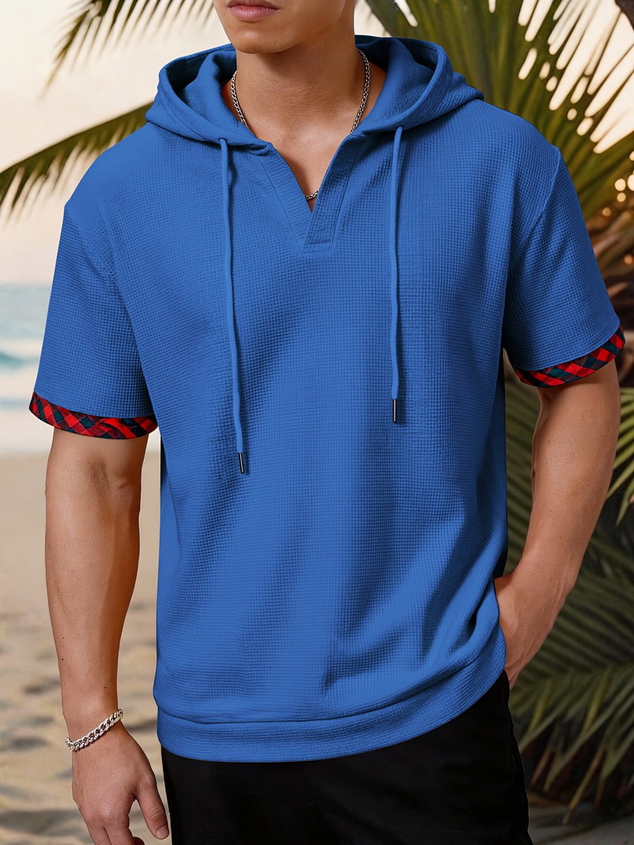 Men'S Waffle Knit Hooded Short Sleeve T-Shirt, Plaid Cuffs Henley Hooded Top, Summer Street Style Casual Wear, Gift for Festive Occasions - Royal Blue