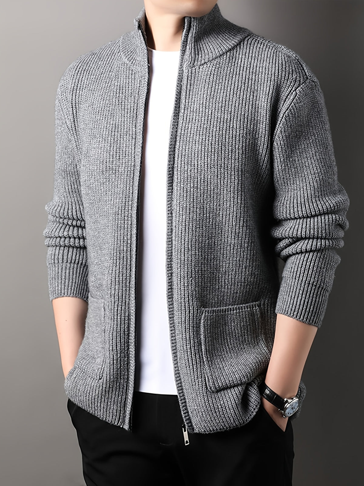 Men's Stand-up Collar Zip-up Knit Cardigan Jacket, Business Casual, Mature and Steady, Suitable for Middle-aged and Young Men, Can Be Worn Alone in Spring and Autumn, and as an Inner Layer in Winter - Grey