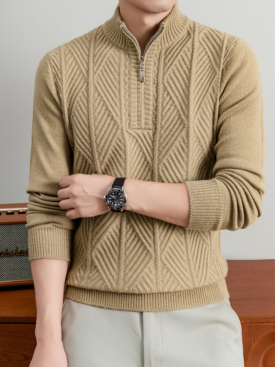 Men's Half-Zip Stand Collar Sweater with Zippered Panel & Striped Jacquard Knit - Warm Winter Pullover, Stretchable Stand Collar Suitable for Casual Office Wear, Layering Top, Hand Washable Regular Fit Blazer Compatible - Camel