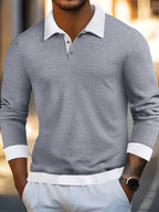 Men'S Long Sleeve Polo Shirt with Contrast Collar, Contrast Collar, Contrast Cuffs And Hem. Textured Body, Fitted And Clean Silhouette. Suitable for Daily Commute, Friends' Gatherings, And Casual Outings. Easy And Elegant Color Scheme - Light Grey