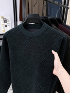 Men'S Semi-High Neck Sweater Autumn Winter Fleece Thick Warm Knitwear Middle-Aged Jacquard Pullover Base Layer - Dark Green