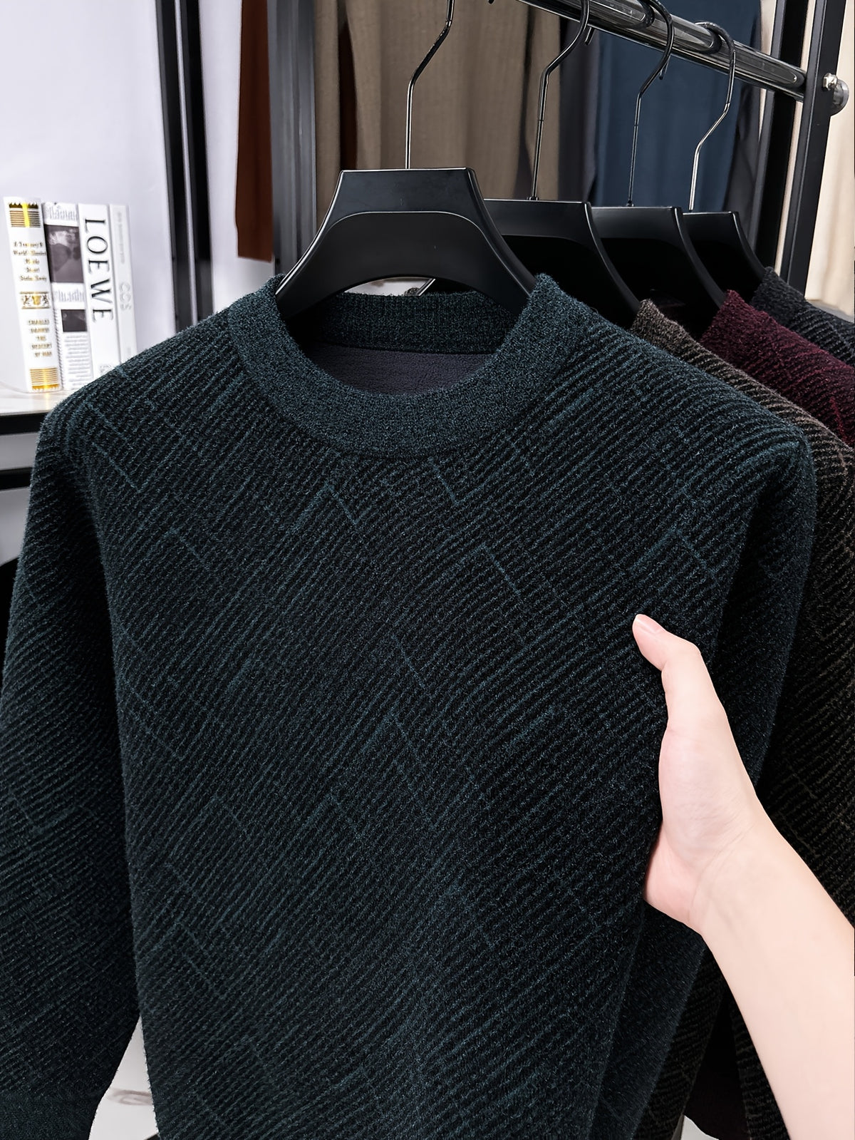 Men'S Semi-High Neck Sweater Autumn Winter Fleece Thick Warm Knitwear Middle-Aged Jacquard Pullover Base Layer - Dark Green