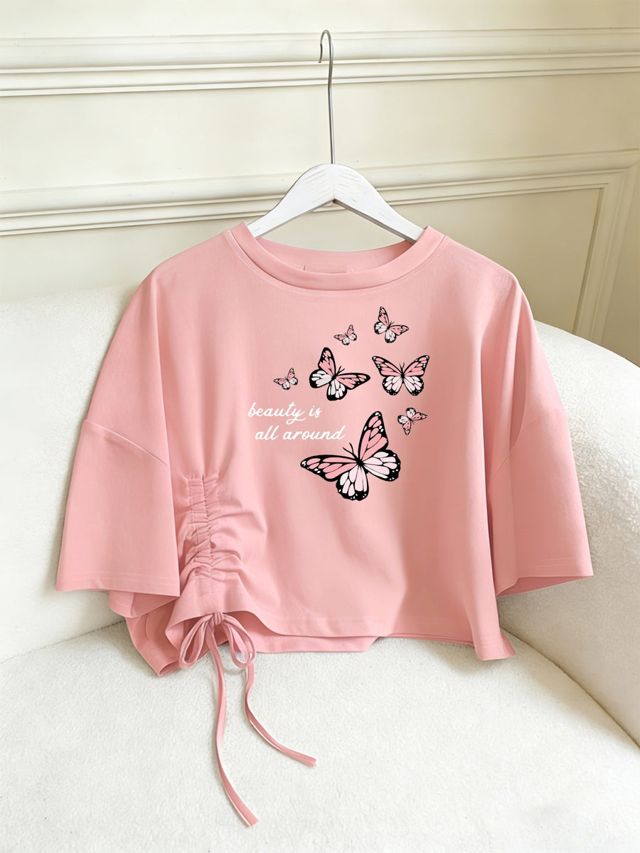 Women's Pink Butterfly & "Beauty Is All Around" T-Shirt - Loose-Fit Short Sleeve Top with Drop Waist Hem, Soft Machine Washable -Compatible Tee Suitable for Travel, Beach, Commuting, Casual Outfits - Peach