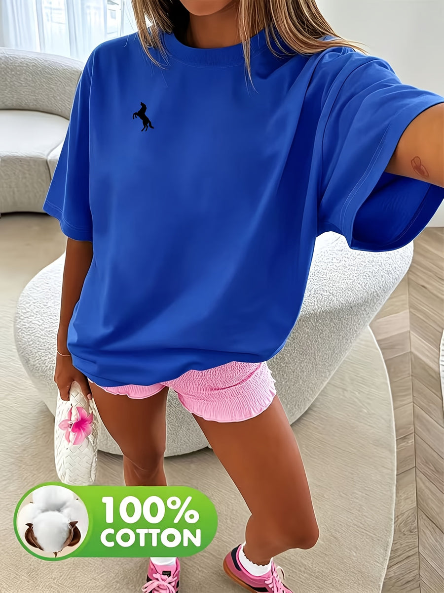 100% Women'S Round Neck Casual Summer Top, Breathable Spring/Summer/Fall T-Shirt (Machine Washable), Suitable for Casual Outfits, Women'S Pure Short Sleeve T-Shirt, Women'S Round Neck Top - Blue