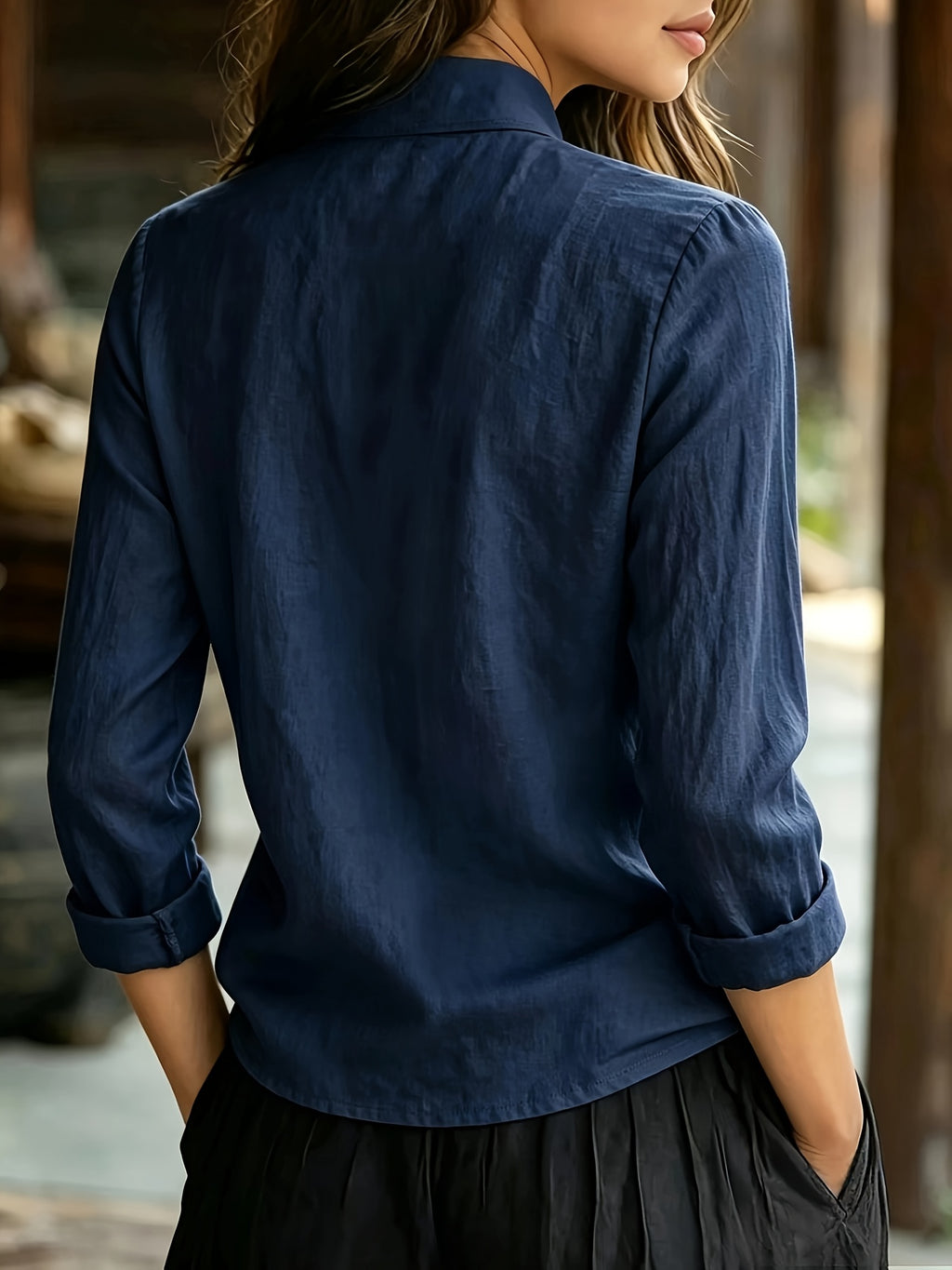 Spring Summer Easy Relaxed New Chinese Style Stand Collar Front Button-Up Long Sleeve Shirt - Navy Color