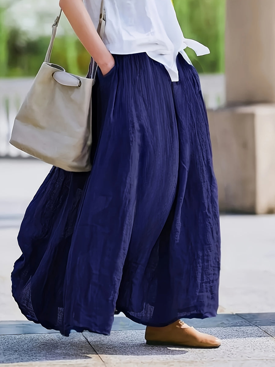 BK031606 Spring Summer Fall New Women'S Solid Retro Style Midi Skirt - Breathable, Loose Fit with Pockets, Spring Fall Elegant Casual Design - Blue