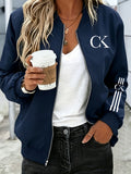 2026 Fashionable Individual Round Neck Design Women'S New Jacket Coat Carnival Letter Pattern Printed Top Casual Open Front Zippered Jacket, Circle - Navy Color