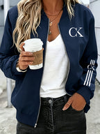 2026 Fashionable Individual Round Neck Design Women'S New Jacket Coat Carnival Letter Pattern Printed Top Casual Open Front Zippered Jacket, Circle - Navy Color
