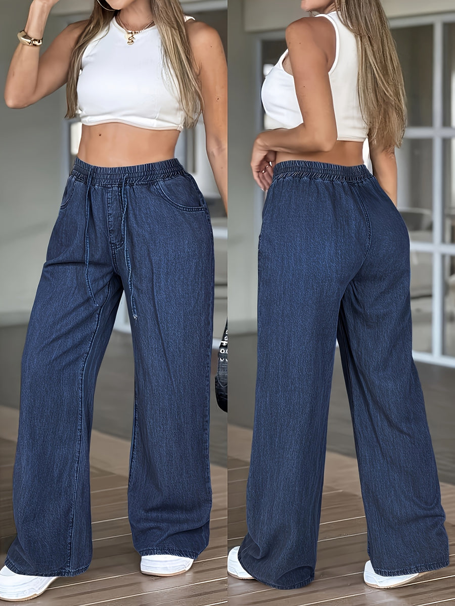 Women'S Fashion Thin Faux Denim Fabric Flowing Trousers, Versatile Loose Fit Casual Faux Jeans, Elastic Waist Drawstring Style, Casual Wear Women'S Faux Jeans And Appareldenim - Deep Blue