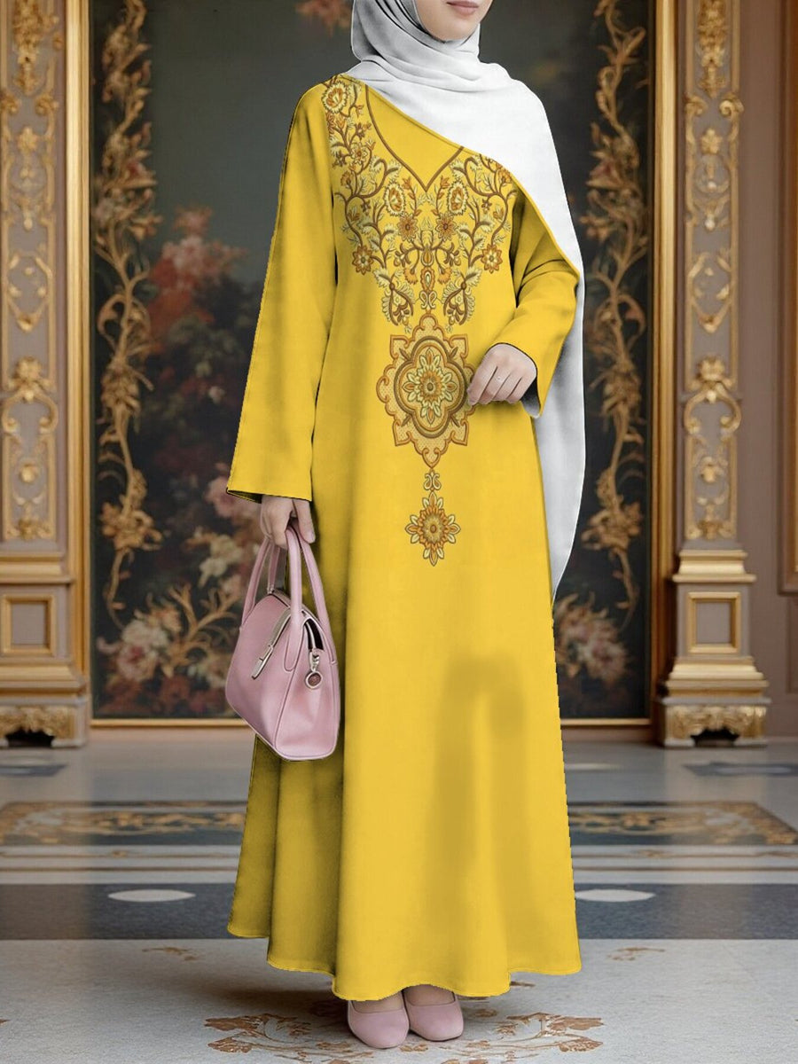 New Middle Eastern Style Muslim Elegant Robe, Bright Turmeric Yellow with Exquisite Ethnic Floral Print on the Chest, Women's Long-Sleeve Maxi Dress, Loose Fit with Flared Hem to Cover Figure, Modest and Graceful, Suitable for Prayer - Mixed colors