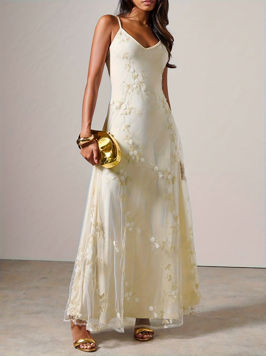Mesh Embroidered Maxi Slip Dress Rehearsal Dinner Dress Summer Wedding Guest Dress Fall Wedding Guest Dress - White