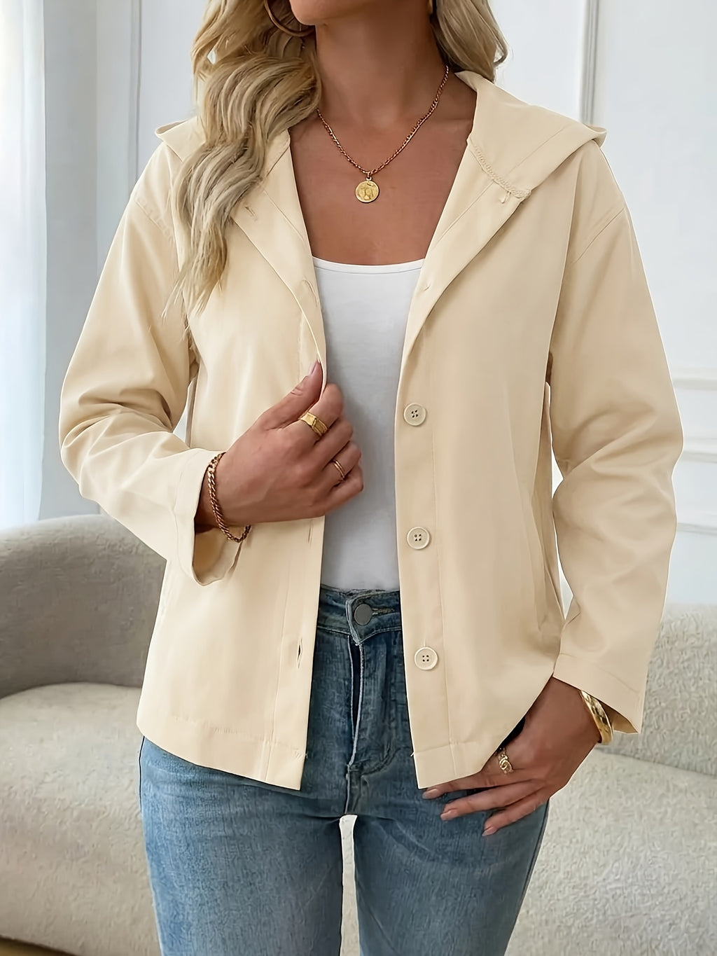 Women'S Fashion Commuter Single Button Fake Side Pocket Loose All-Match Thin Hooded Jacket - Apricot