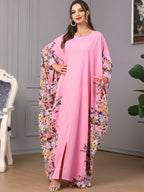 1pc Floral Print Crew Neck Abaya, Elegant Batwing Sleeve Split Maxi Dress, Women'S Clothing Maxi Abaya Dress Modest Prayer Dress for Muslim Women | Batwing Sleeves And Elegant Swing Hem for Everyday Outings And Travel Outfits - Pink
