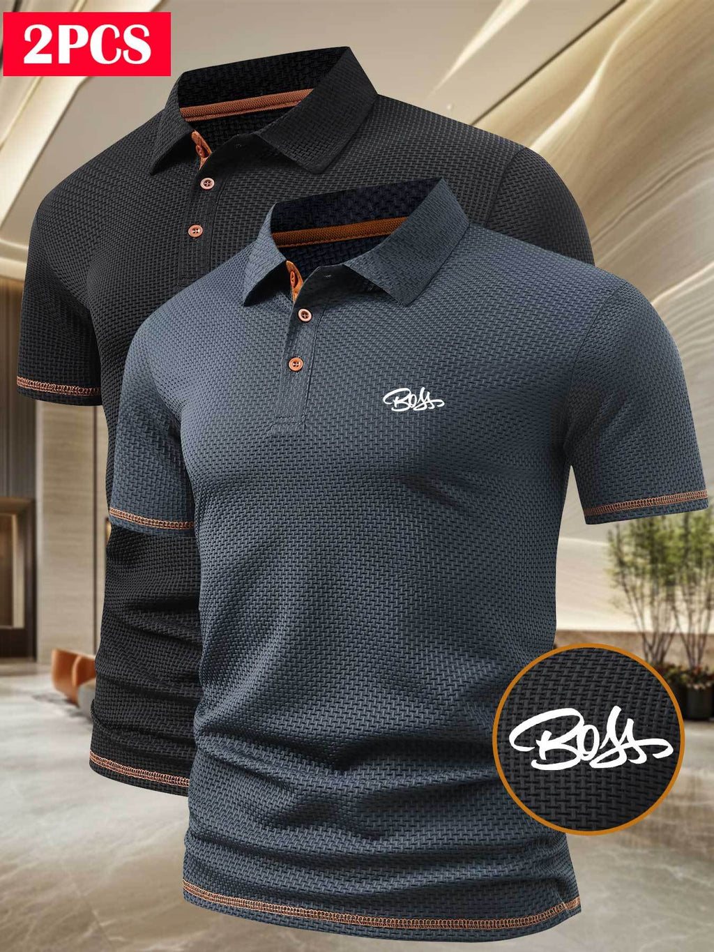 A06-1576BOSS Men's 2pcs Waffle Knit Textured Short-Sleeve Polo Shirt, Three-Dimensional Breathable Non-Deforming T-Shirt, Summer Business Casual Versatile Durable Men's Top, Multiple Colors Available - Black Navy Blue