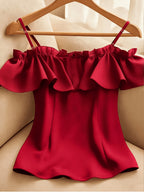 Women's Summer Casual Solid Color Off-Shoulder Ruffle Camisole Tank Top - Red