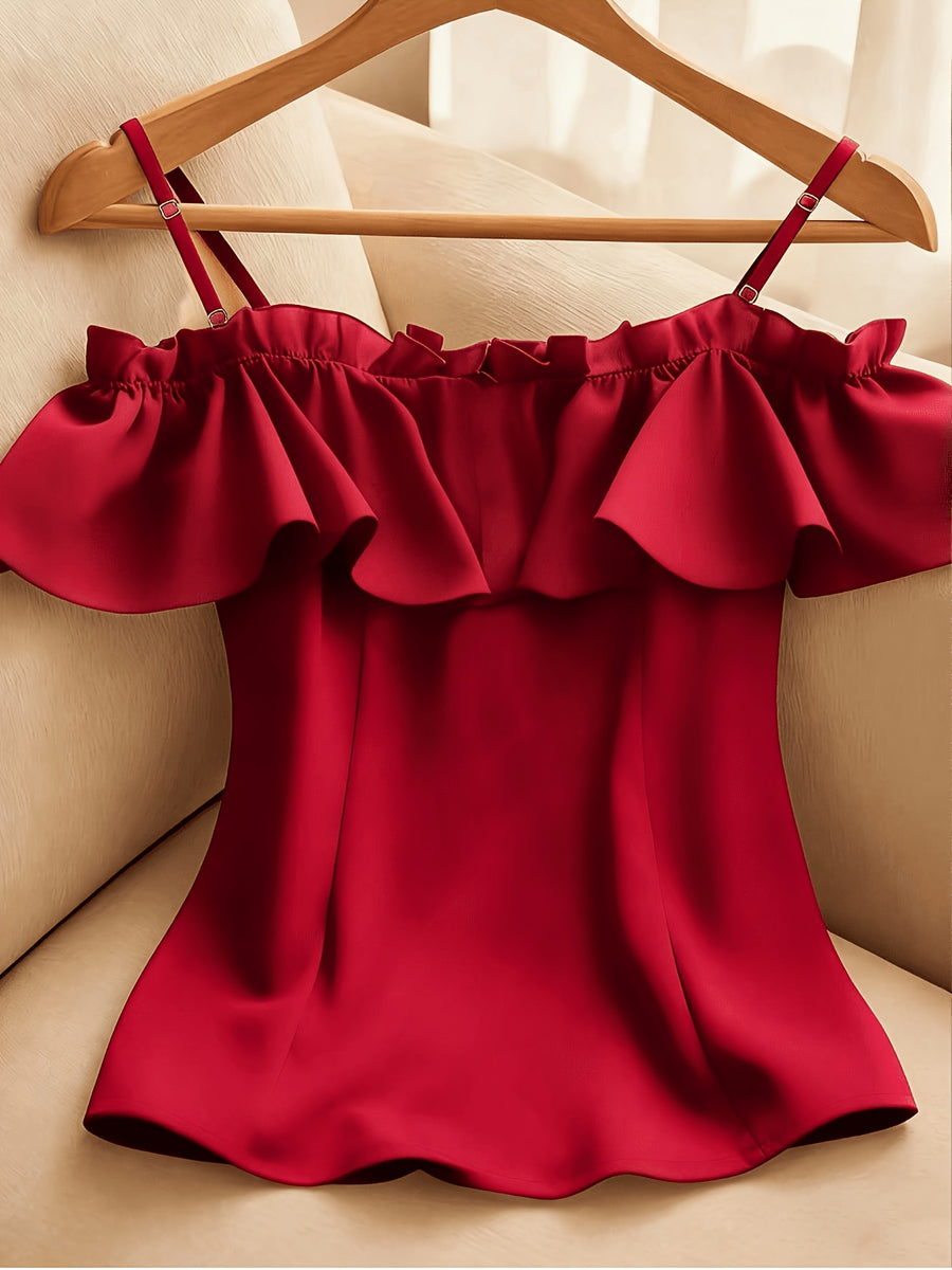 Women's Summer Casual Solid Color Off-Shoulder Ruffle Camisole Tank Top - Red