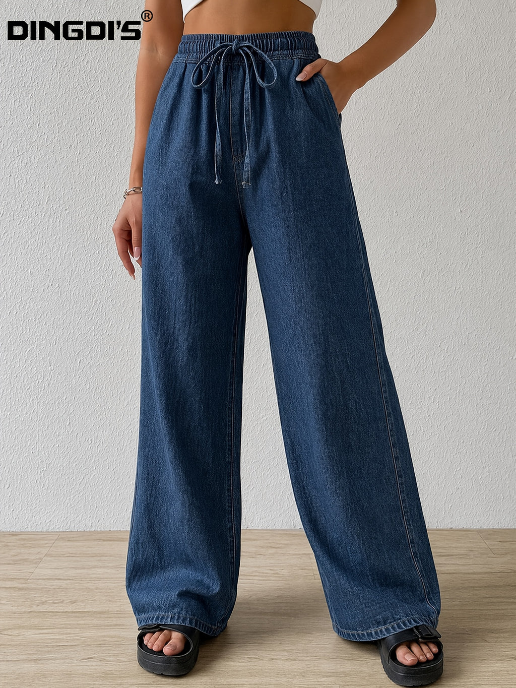Women's New High-Waist Stretch Straight-Leg Denim Pants - Drawstring Elastic Waist Casual Design, Pull-on Jeans Style. Comfortable Jeans Perfect for Travel, Work, Shopping, and Office Wear. Made with Comfortable Fabric, Suitable for All Seasons And - Deep Blue
