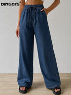 Women's New High-Waist Stretch Straight-Leg Denim Pants - Drawstring Elastic Waist Casual Design, Pull-on Jeans Style. Comfortable Jeans Perfect for Travel, Work, Shopping, and Office Wear. Made with Comfortable Fabric, Suitable for All Seasons And - Deep Blue