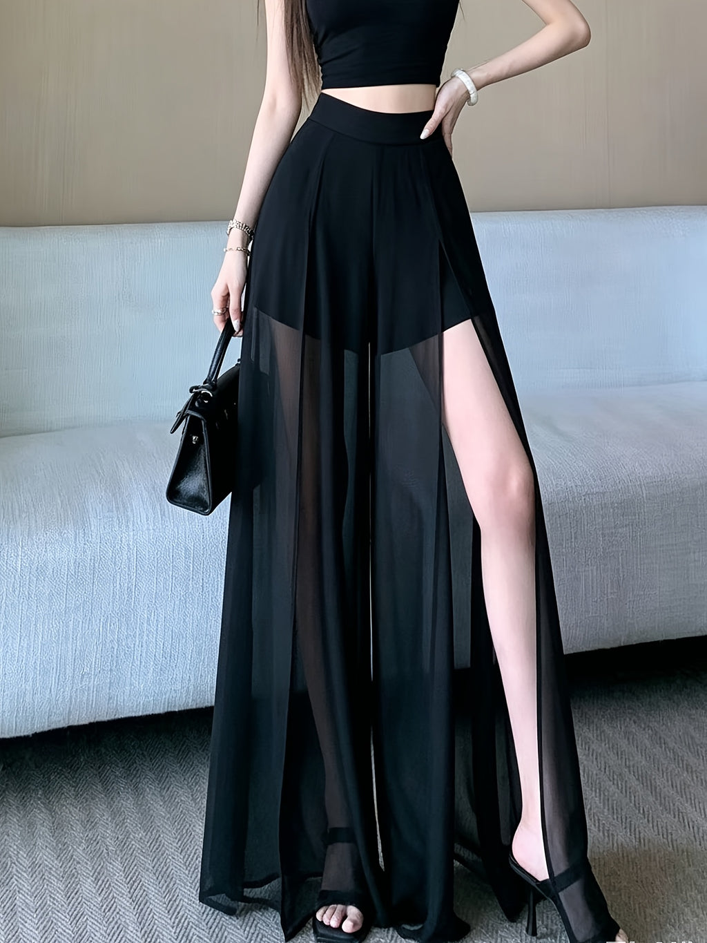 High-slit Women's Loose 2-in-1 Look Mesh-paneled Wide-leg Pants, Sexy Semi-sheer Slit Pants, Loose Casual Versatile Style, Available in Black and White, This Year's Trendy New Versatile Style - Black