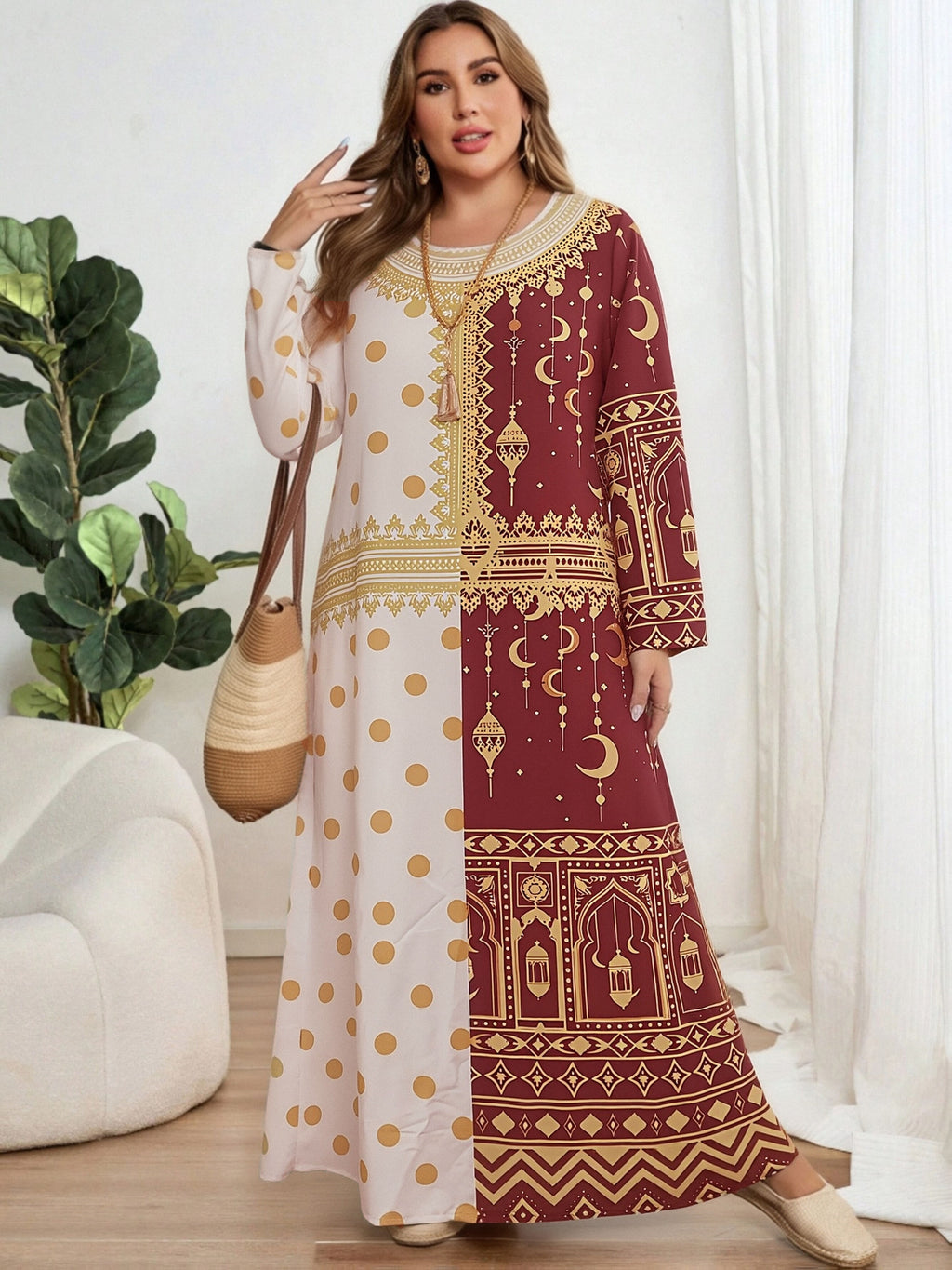 Middle Eastern Spring/Summer Red and White Contrast Color Star and Moon Print Round Neck Elegant Women's Dress Gown, Modest and Elegant Muslim Women's Prayer Attire, Suitable for Family Gatherings and Dinner Parties, Islamic Style Dress for Ramadan - White