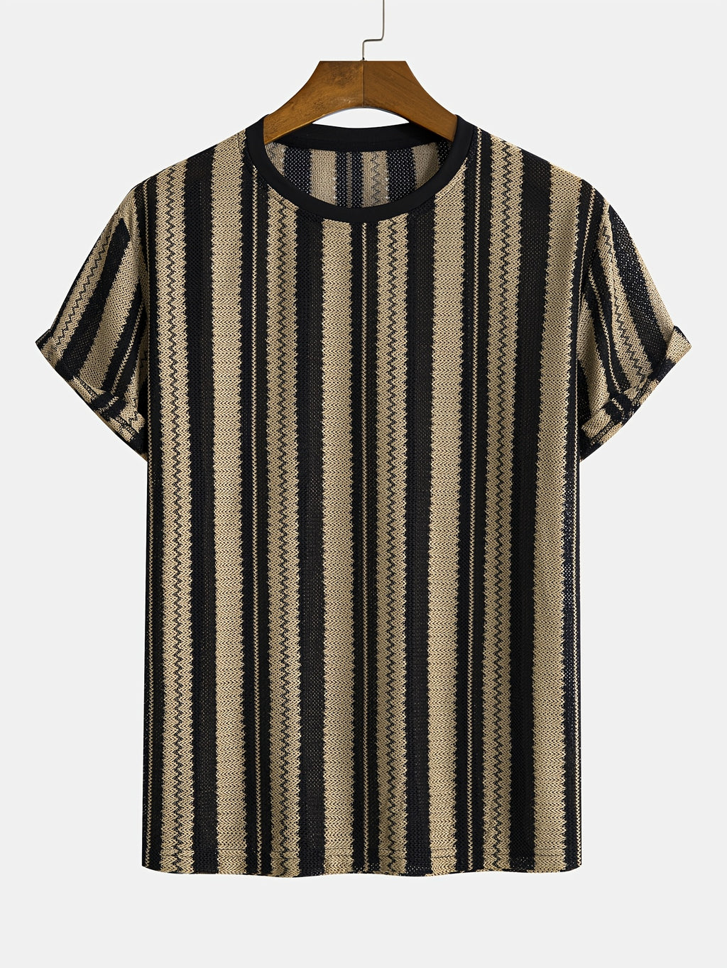 Men's Knitted Jacquard Striped Crew Neck Short Sleeve T-Shirt, Soft Stretch Breathable Casual Fashion Summer Top for Daily Street Vacation Outdoor Wear - Khaki