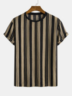 Men's Knitted Jacquard Striped Crew Neck Short Sleeve T-Shirt, Soft Stretch Breathable Casual Fashion Summer Top for Daily Street Vacation Outdoor Wear - Khaki