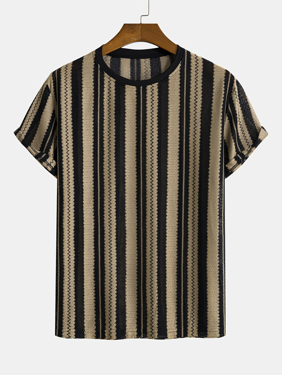Men's Knitted Jacquard Striped Crew Neck Short Sleeve T-Shirt, Soft Stretch Breathable Casual Fashion Summer Top for Daily Street Vacation Outdoor Wear - Khaki